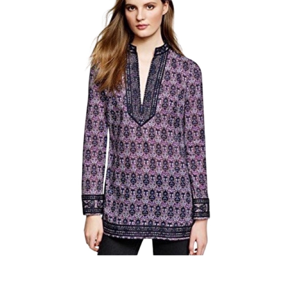 Tory Burch Damask Crochet Trim Tunic Top Sz 4 Boho Resort Wear preppy designer